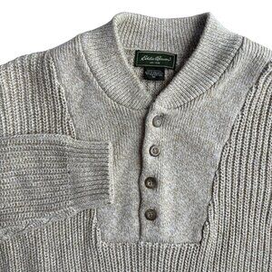 Eddie Bauer 90s Henley Sweater M Chunky Cable Knit Fisherman Old Money Vintage